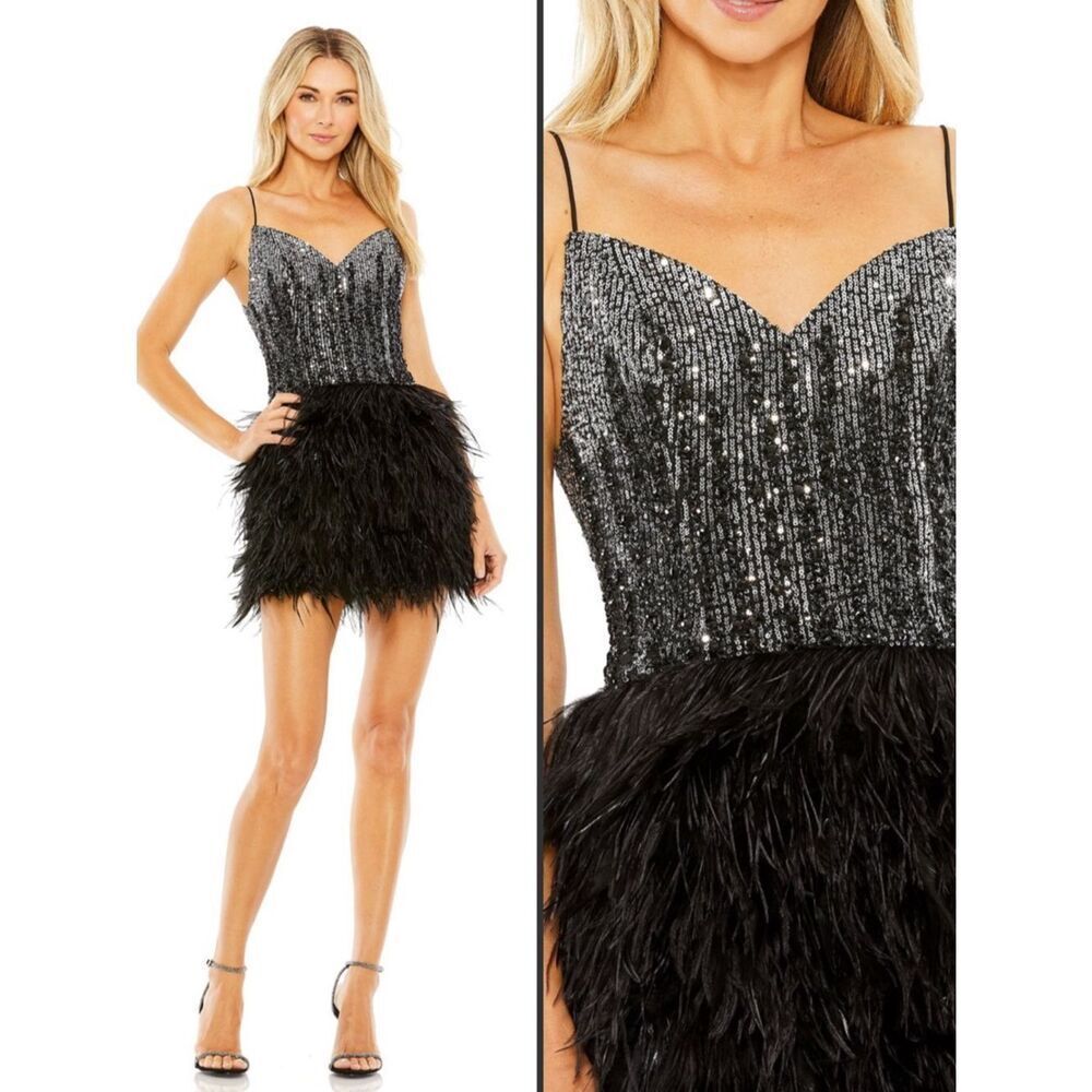 NWT Mac Duggal Black Sleeveless Sequin Dress with Feather Skirt Size 8